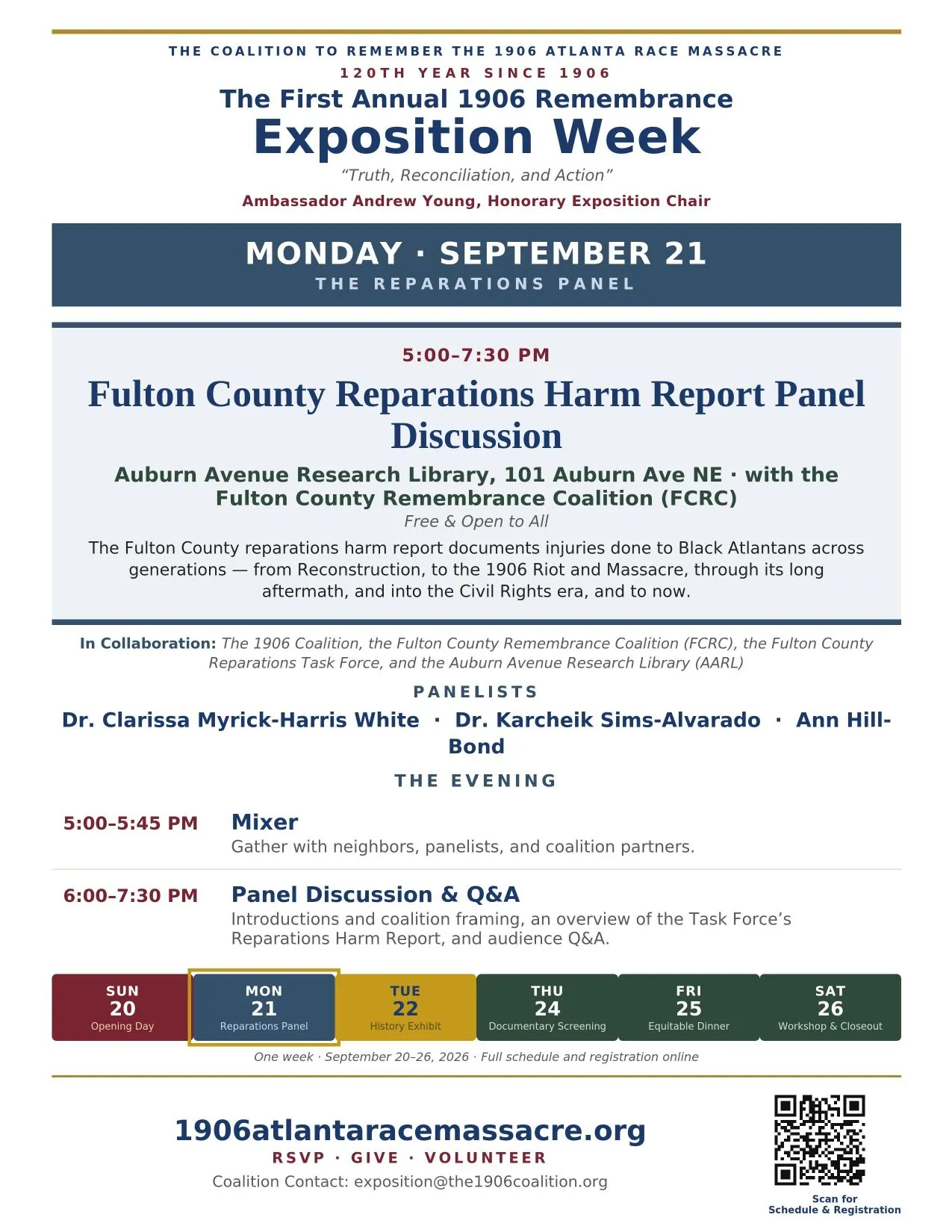 The Monday, September 21 flyer for the First Annual 1906 Remembrance Exposition Week, with the day's full details.
