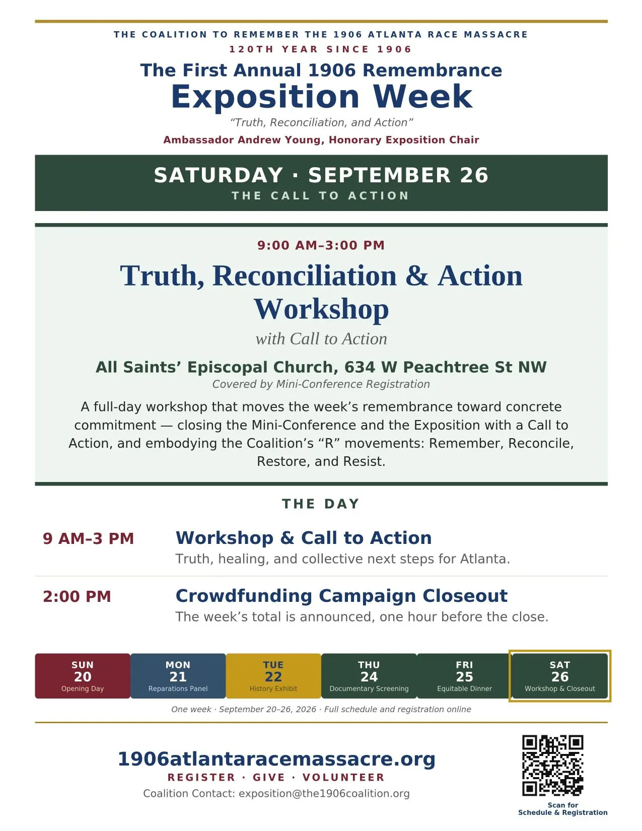 The Saturday, September 26 flyer for the First Annual 1906 Remembrance Exposition Week, with the day's full details.