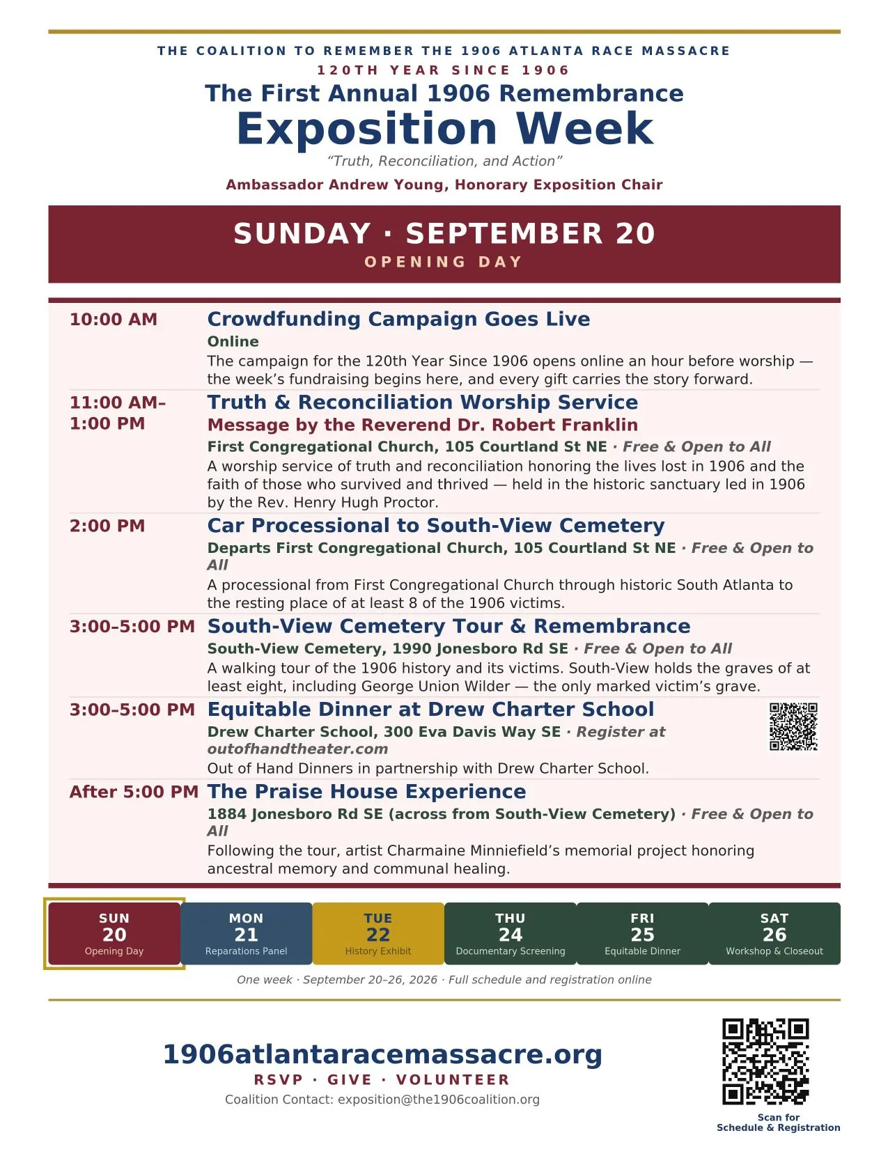 The Sunday, September 20 flyer for the First Annual 1906 Remembrance Exposition Week, with the day's full details.