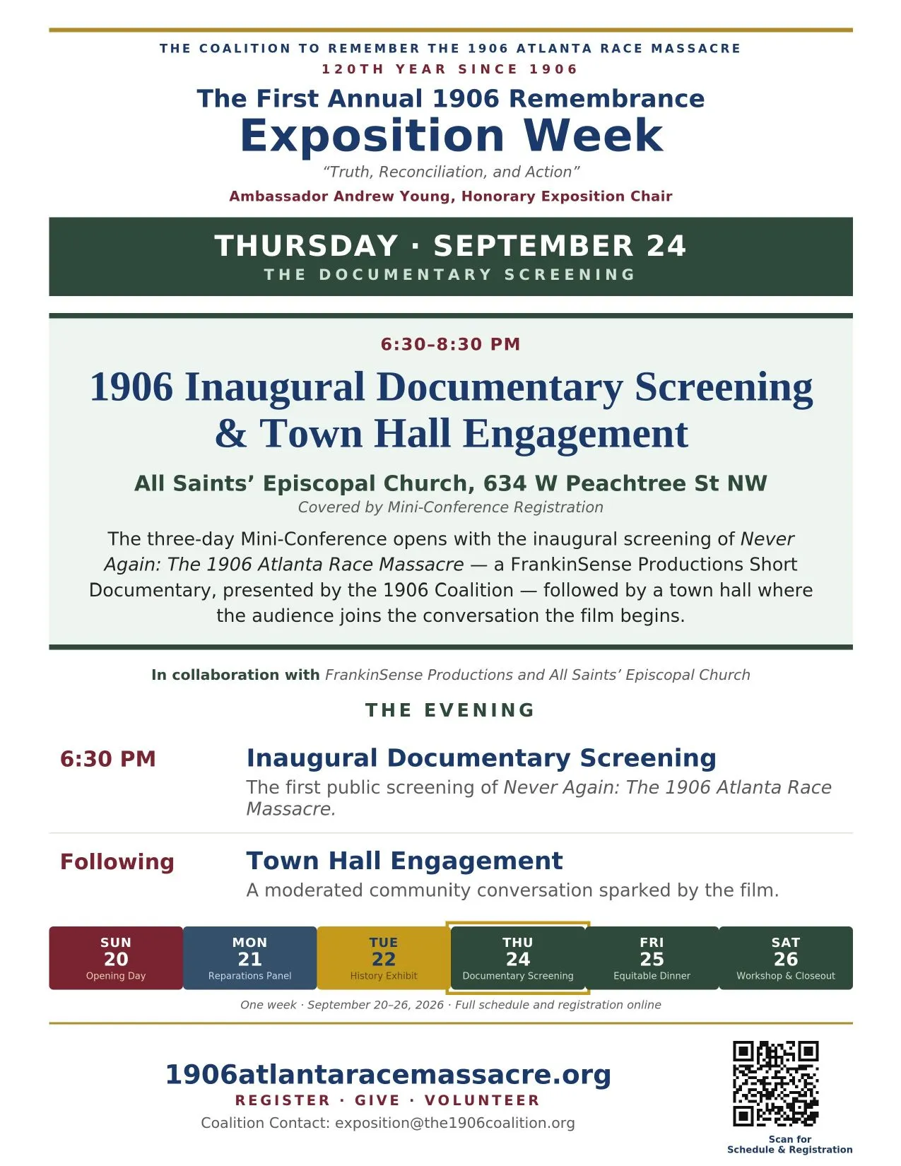 The Thursday, September 24 flyer for the First Annual 1906 Remembrance Exposition Week, with the day's full details.
