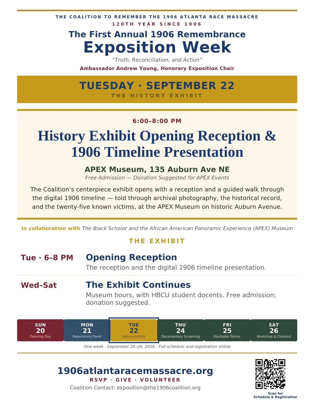 The Tuesday, September 22 flyer for the First Annual 1906 Remembrance Exposition Week, with the day's full details.