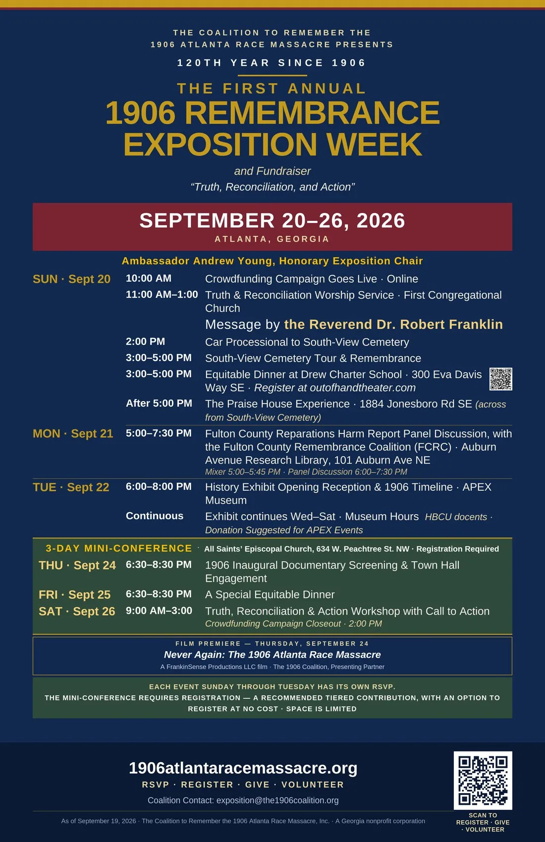 The First Annual 1906 Remembrance Exposition Week poster: the full schedule of events, September 20 through 26, 2026, under the theme Truth, Reconciliation, and Action. Ambassador Andrew Young, Honorary Exposition Chair.