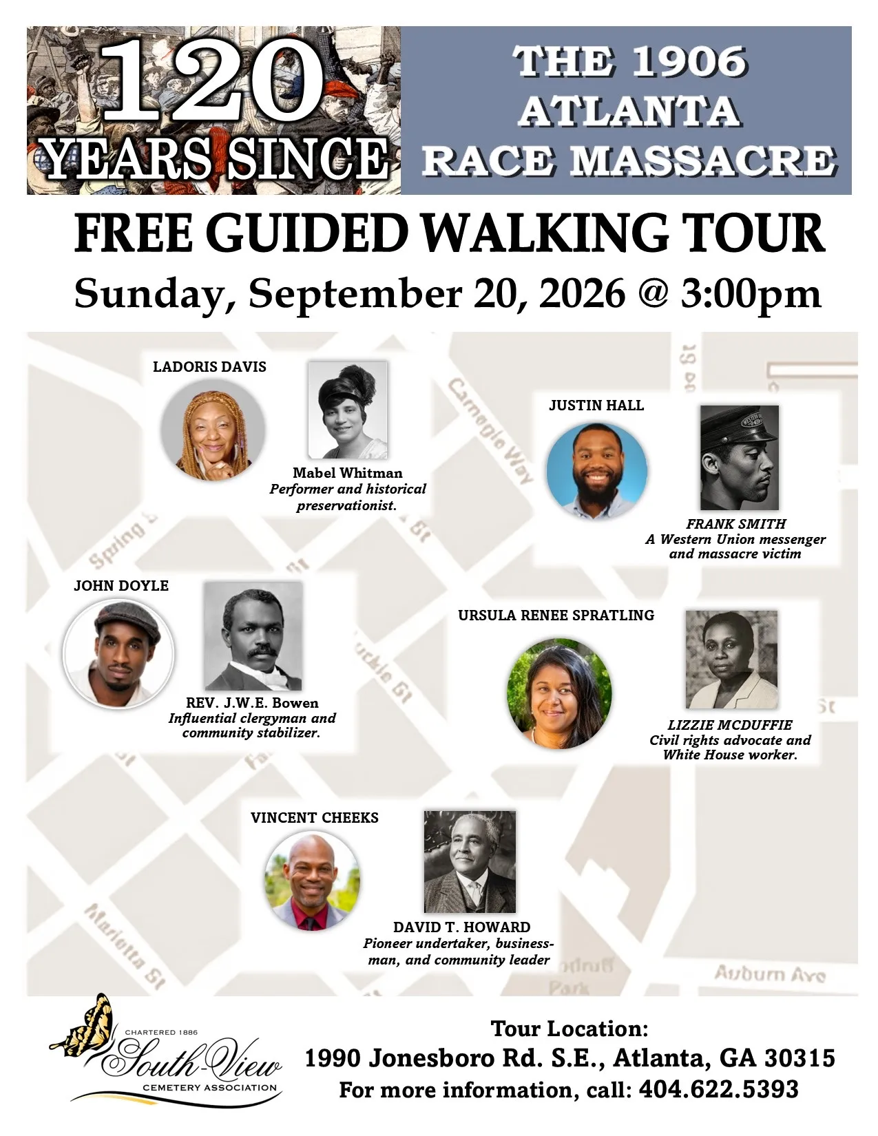 South-View Cemetery Association flyer: Free Guided Walking Tour, Sunday, September 20, 2026 at 3:00 PM, 1990 Jonesboro Rd SE. It names the five guides and the historical figures each one presents.