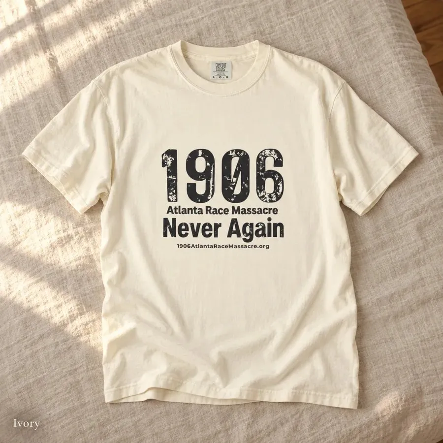 The Never Again, black print T-shirt. Across the chest: 1906, Atlanta Race Massacre, Never Again, and this site's address.