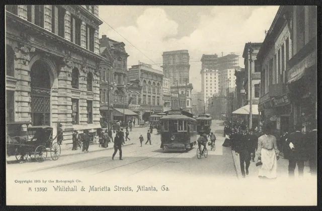A tinted postcard of Whitehall and Marietta streets at Five Points in 1905, streetcars and pedestrians in the wide intersection.