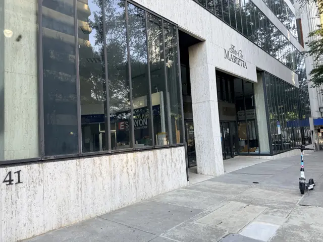 The office building at 41 Marietta Street today, its stone front and entrance seen straight on.