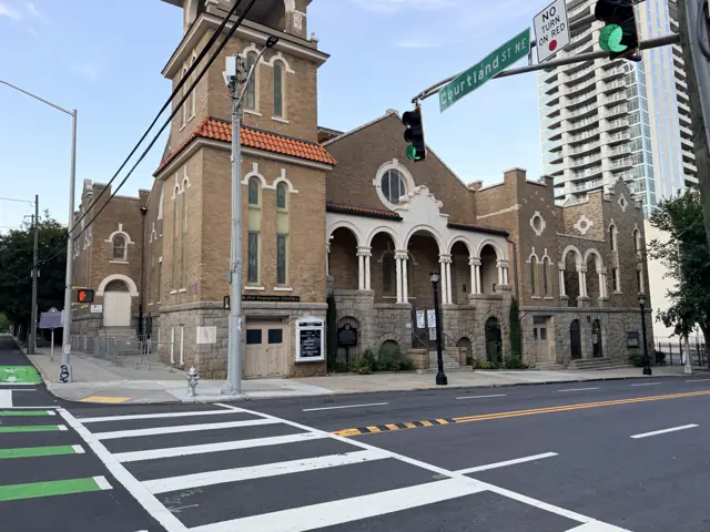 The corner of Courtland and John Wesley Dobbs, the church behind the crosswalk.