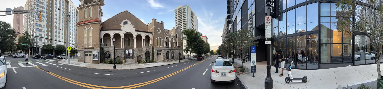 A wide view of the corner of Courtland Street and John Wesley Dobbs Avenue with the church on the left.