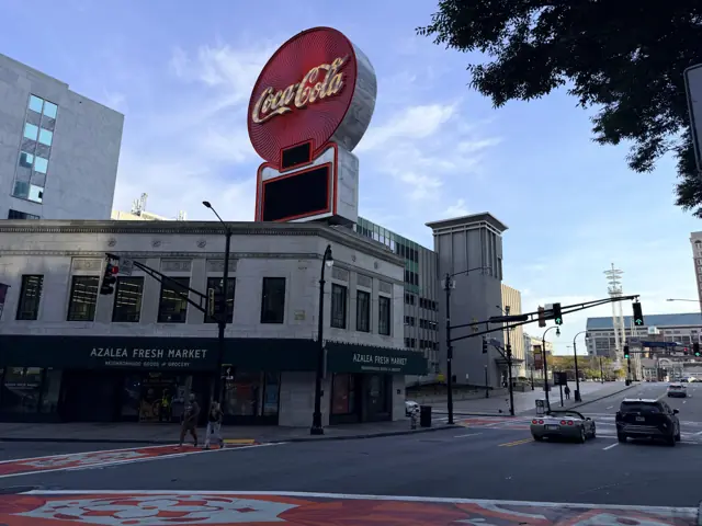 Peachtree Street looking south from Five Points, the Coca-Cola sign above the corner building.