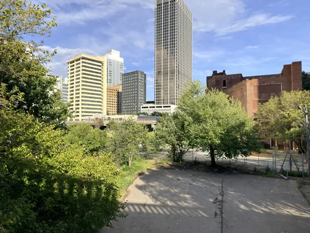 The railroad gulch from Forsyth Street, office towers rising beyond it.