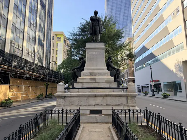 The Grady monument today, seen head on from Marietta Street, the bronze figure above its stone pedestal.