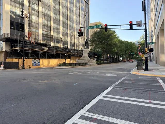 Marietta Street looking toward the monument from the Five Points end.