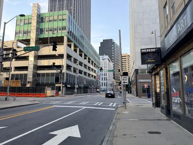 Decatur Street looking west toward Five Points, the parking deck on the right.