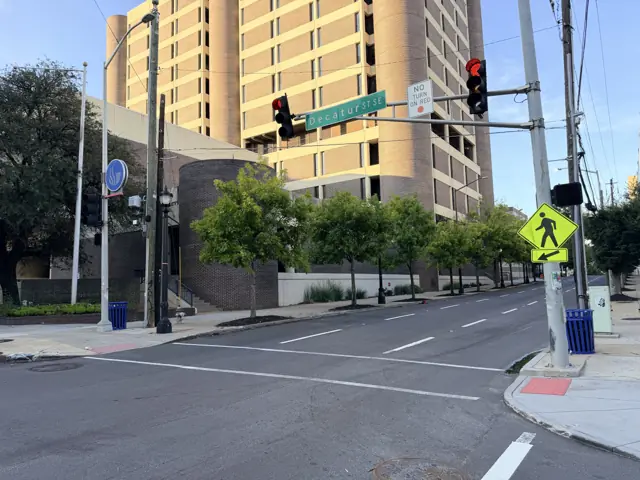 The corner of Decatur and Piedmont with a skybridge crossing the street.